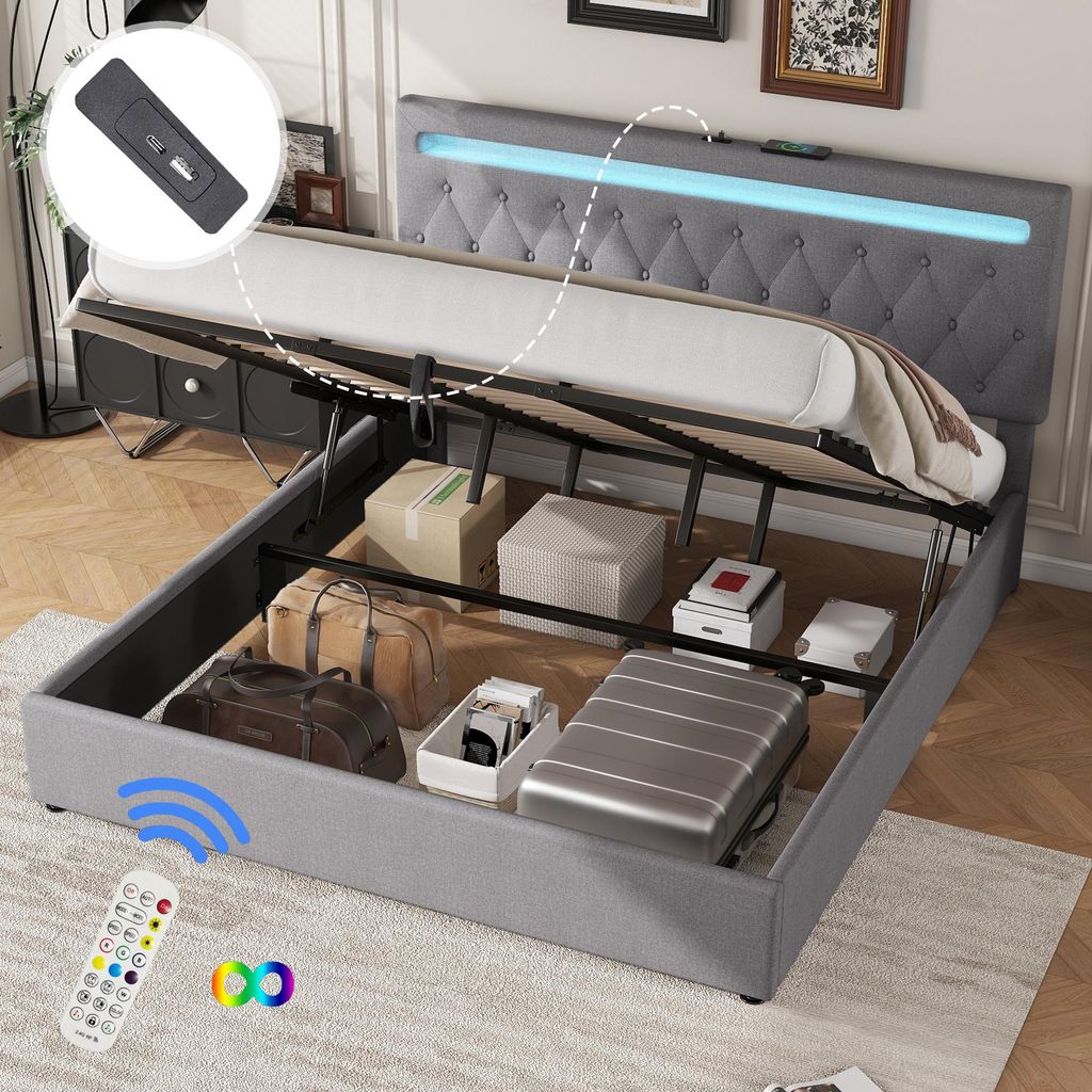 Merax Polsterbett 180x200 cm, Flachbett mit LED, USB und Typ-C Ladeanschluss, Hydraulische Lagerung, Doppelbett, Leinen, Grau