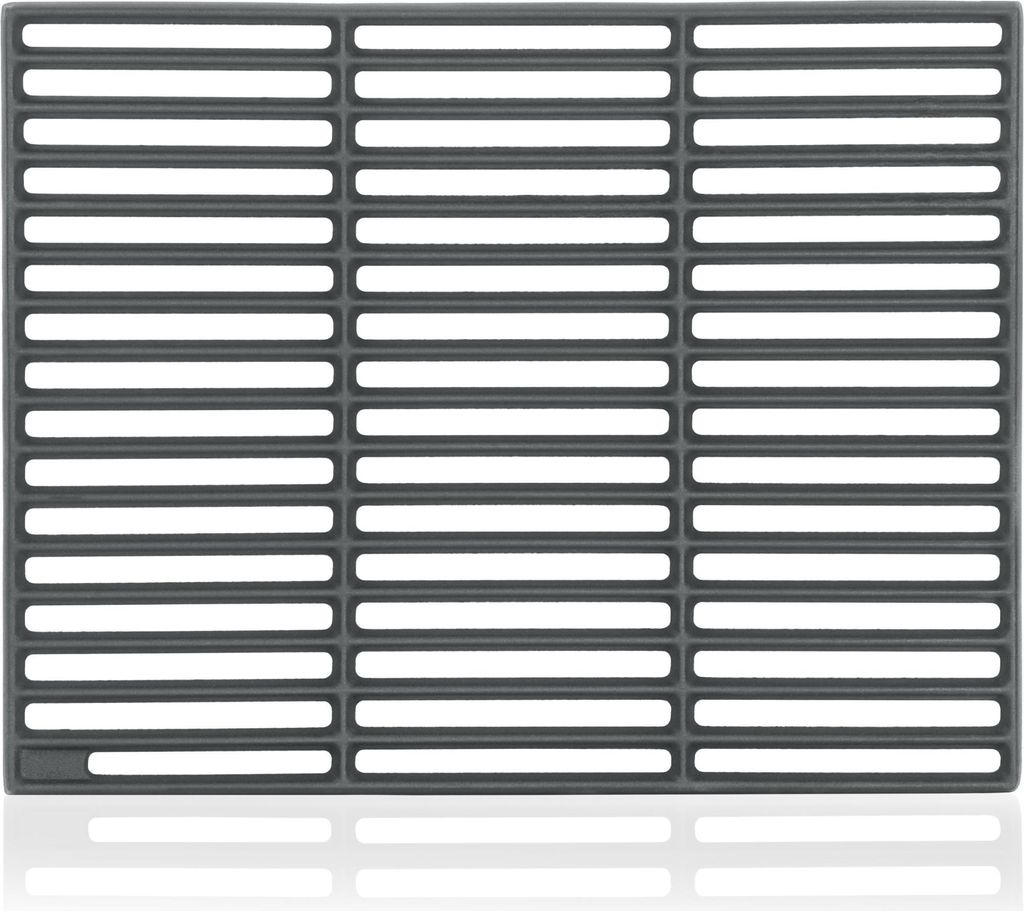 A close-up, top-down view of a dark gray cast iron grill grate with horizontal slats.