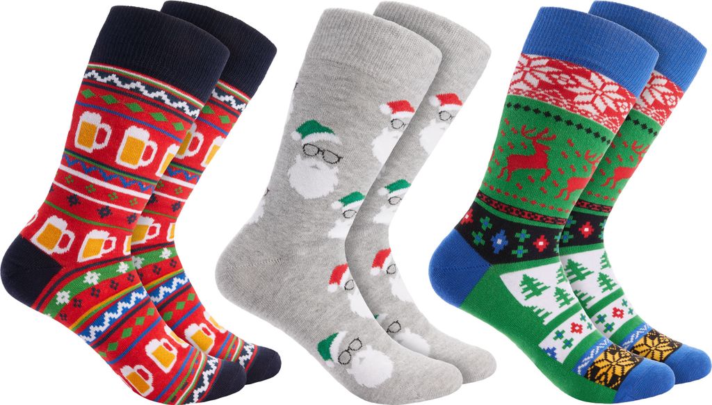 BRUBAKER 3 Paar Weihnachtssocken - Lustige Socken für Damen und Herren - Bunt, Weihnachtsmannbärte und Xmas Bier, Größe 41-45