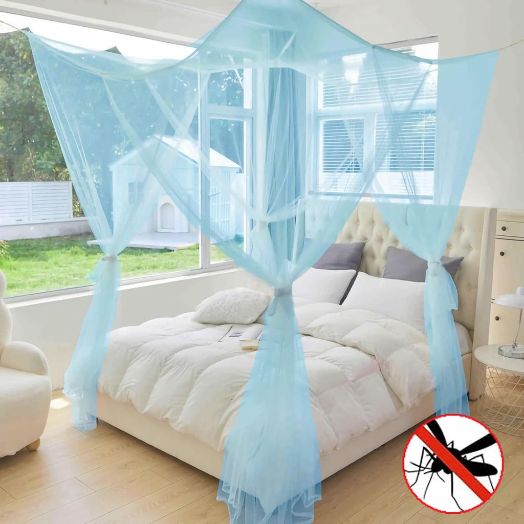 Moskitonetz Bett Doppelbett Innen Außen 4 Seitliche Öffnungen, Betthimmel-Aufhängeset Moskitoschutz 210x190x240cm, Blau