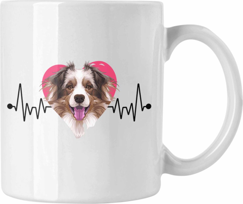 Trendation - Australian Shepherd Besitzer Tasse Geschenk Lustiger Spruch Geschenkidee Herzschlag Australian Shepherd (Weiß)