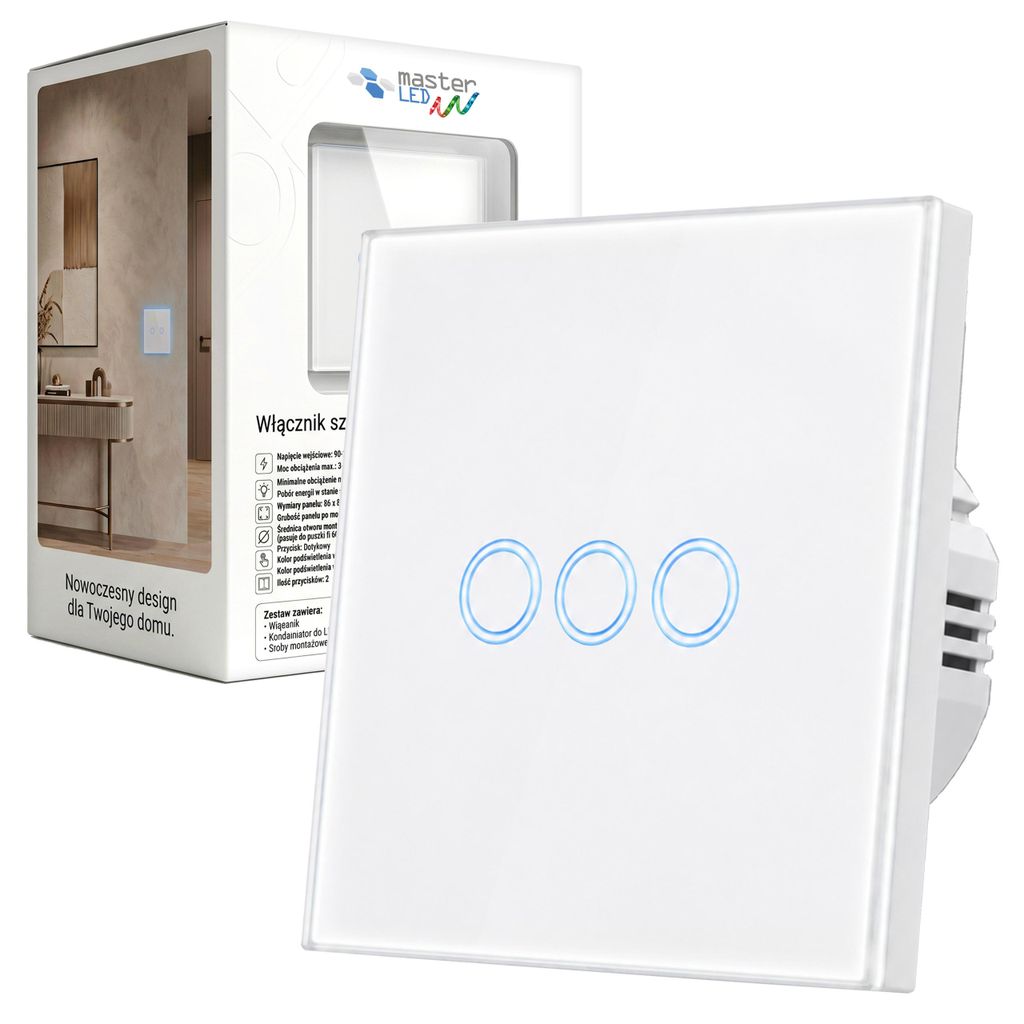 MasterLED Touch-Lichtschalter 3-fach Unterputz Glas weiß Produktbild 