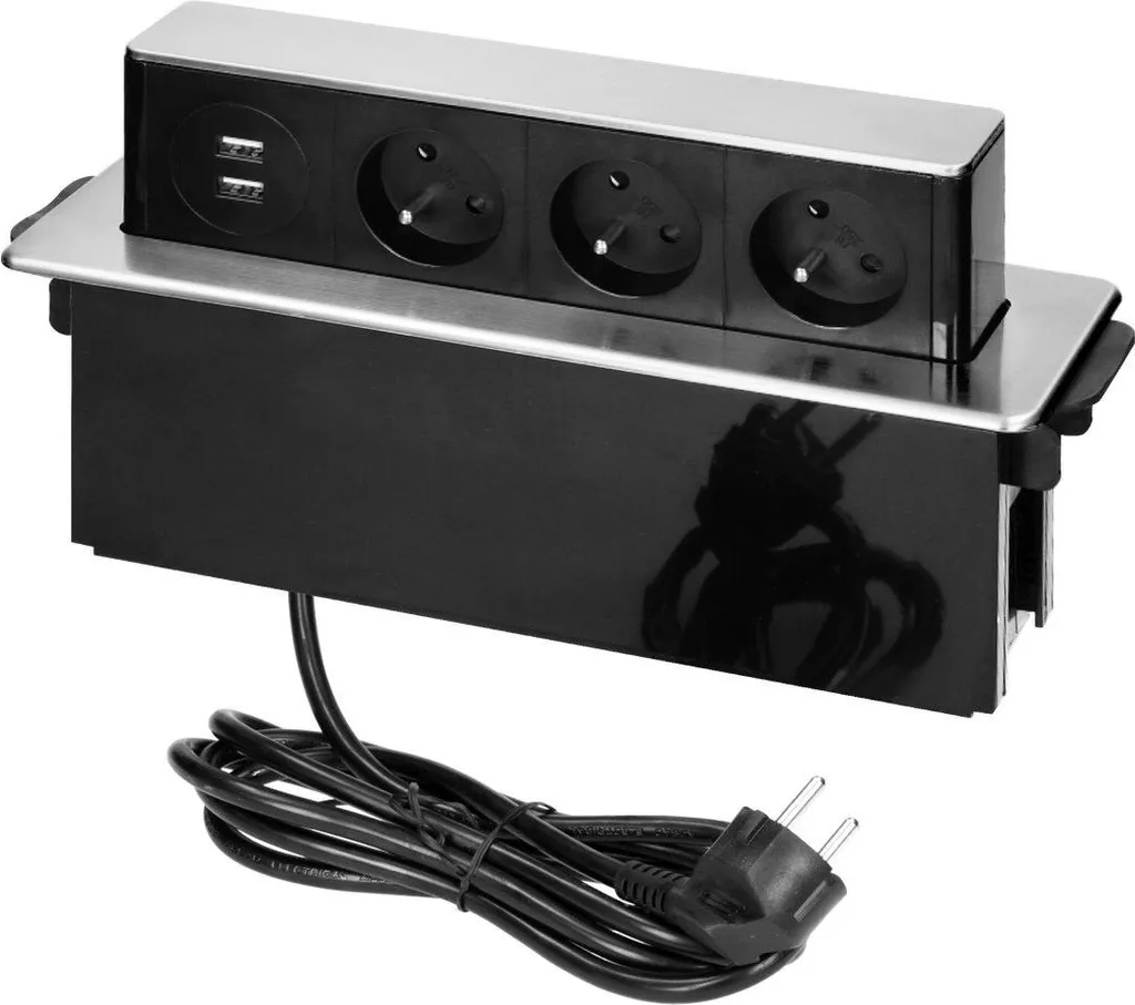 Multiprise escamotable 3 prises et double USB Inox câble 2 mètres