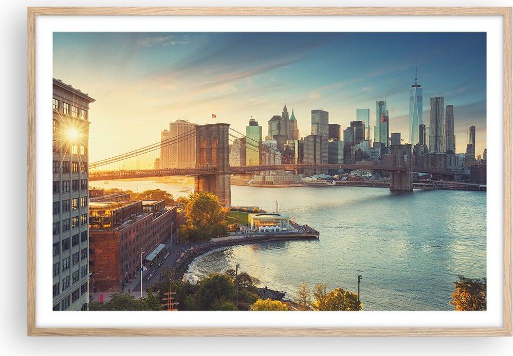 Gerahmtes Poster - Rahmen in heller Eiche - New York Brücke - 91,5x61 cm - Wand Bild - Wanddeko - Wandbilder - Kunstposter - Wandposter - Bilderra...