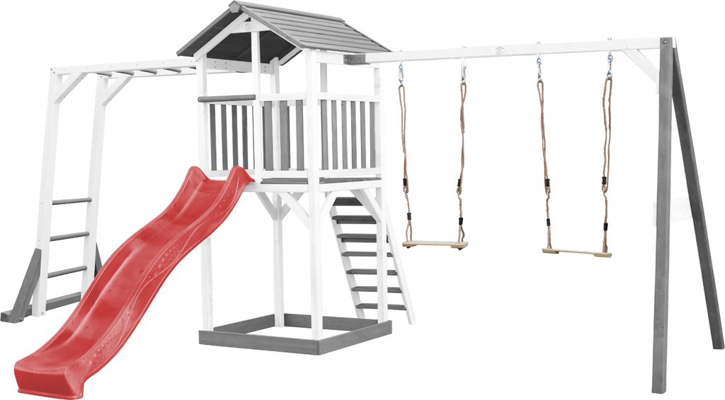 AXI Beach Tower Spielturm aus Holz in Weiß & Grau | Spielhaus für Kinder mit roter Rutsche, Klettergerüst, Doppelschaukel und Sandkasten | Stelz...