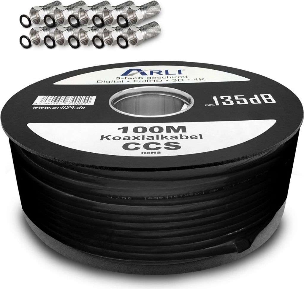 100m ARLI Koaxialkabel Schwarz – max. 135 dB 5-fach geschirmt UV-beständig + 10x F-Stecker mit breiter Mutter & Dichtring für DVB-S DVB-T2 4K HDTV
