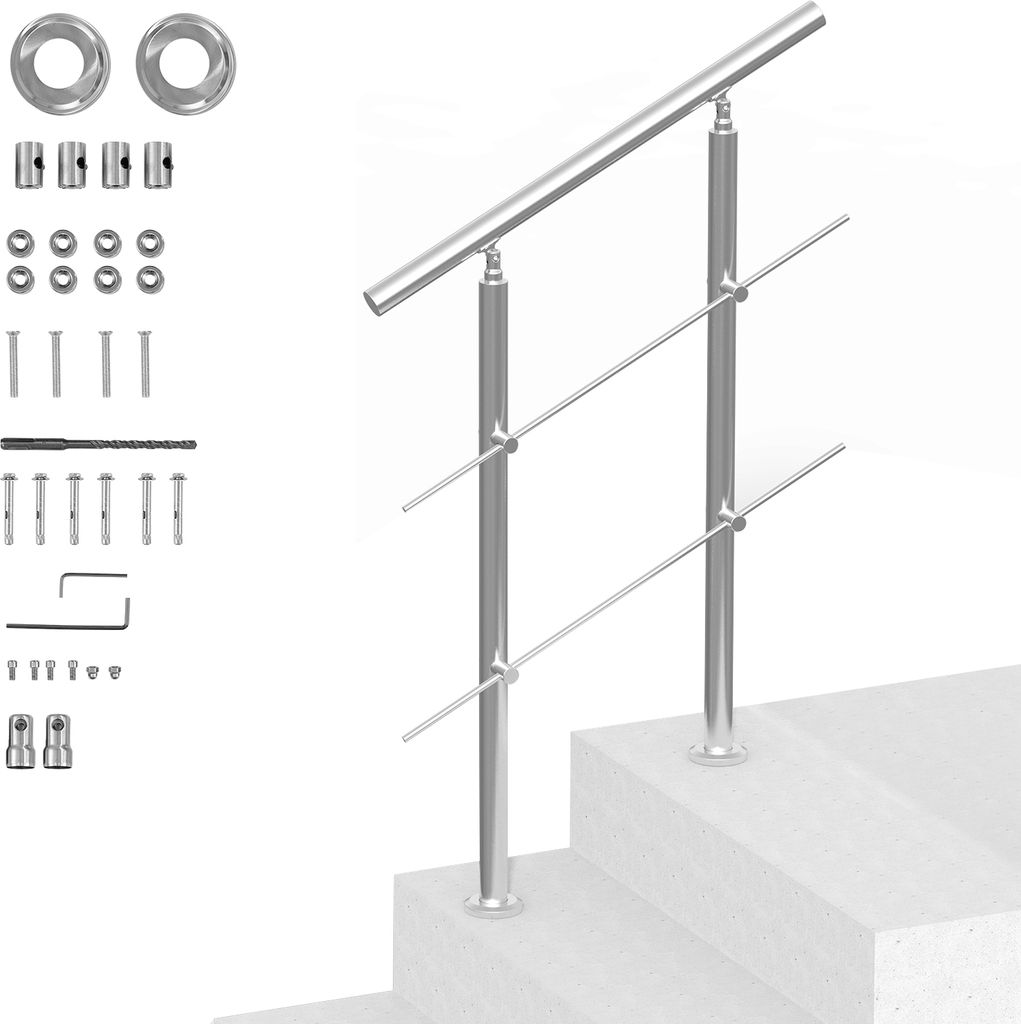 A stainless steel stair handrail with two support posts and two horizontal bars, shown with its mounting hardware laid out to the left.