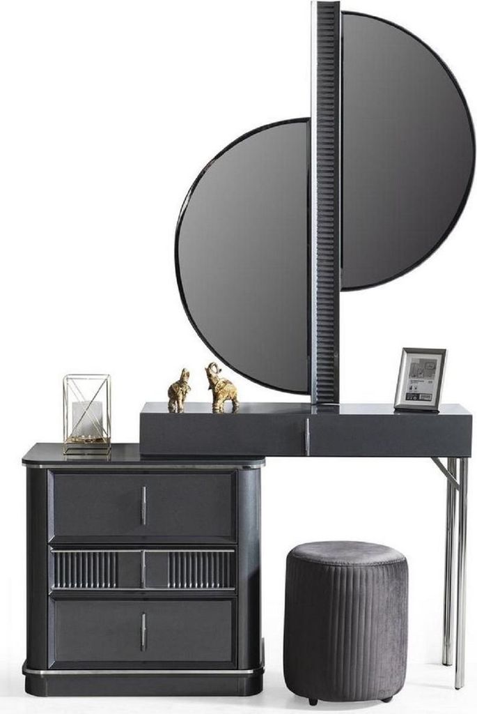 Casa Padrino Luxus Schlafzimmer Schminktisch Set Grau / Silber - 1 Schminkkommode mit Spiegel & 1 Hocker - Luxus Schlafzimmer Möbel