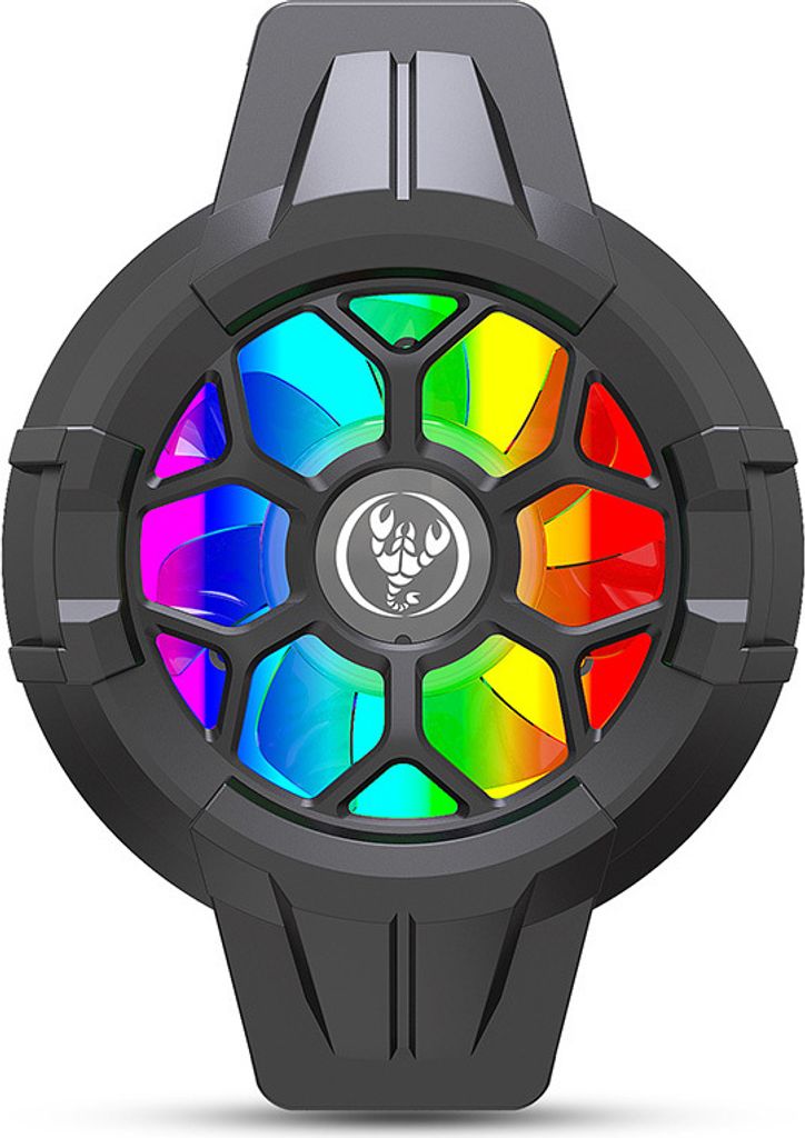 A close-up, front-facing studio shot of a black mobile phone cooler with a colorful, illuminated fan.