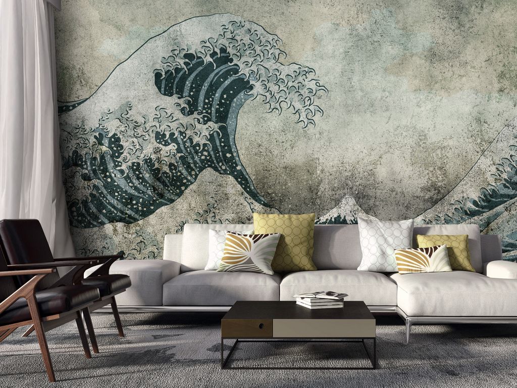 Vlies Fototapete Die große Welle vor Kanagawa 300x210 cm Tapeten Wandtapete XXL Vintage blau beige p-C-0043-a-a