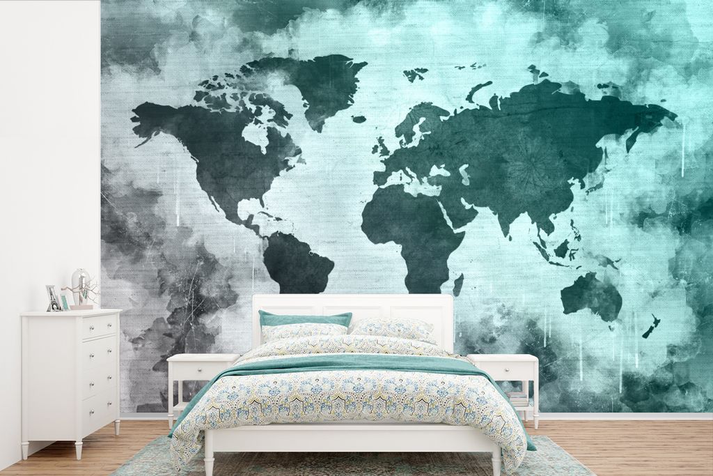 MuchoWow Fototapete für Wohnzimmer oder Schlafzimmer Wandtapete Vinyl Motivtapete Weltkarte - Grau - Blau - 600x400 cm - Vinyltapeten