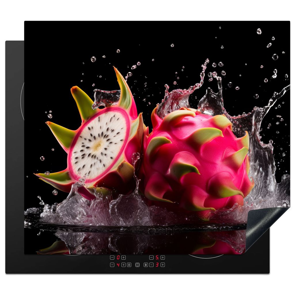 KitchenYeah Herdabdeckplatte Drachenfrucht - Schwarz - Wasser - Frucht - Frucht , 58x51cm, Küche Deko, Glaskeramikkochfeld Herdabdeckung, Abdeck...