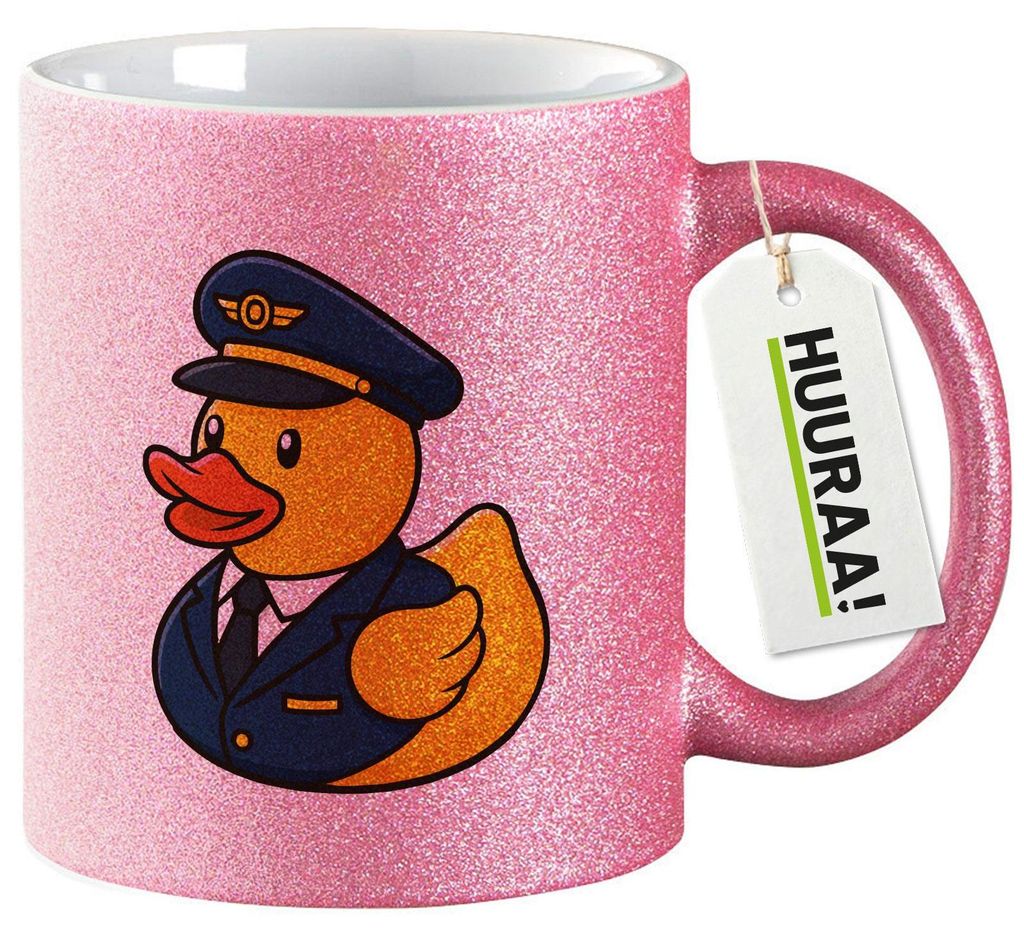 Huuraa Glitzertasse Quietscheente Pilot Gummiente Flugkapitän 330ml Pink Keramik Kaffeebecher Geschenkidee
