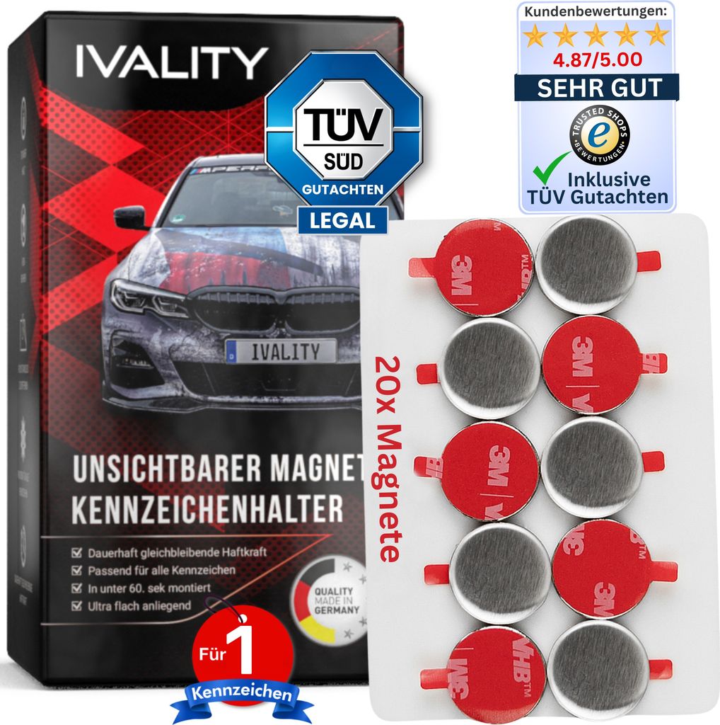 IVALITY 100% Clean Magnetischer Kennzeichen-Halter hinter der Stoßstange - Rahmenloser Magnet-Halter für 1x Kennzeichen Auto Nummernschild-Halt...