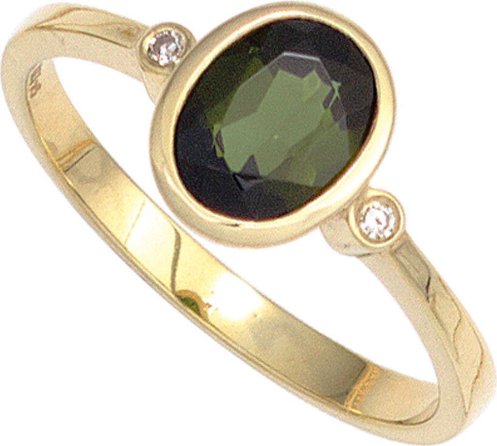 JOBO Damen Ring 585 Gold Gelbgold 1 Turmalin grün 2 Diamanten 0,02ct. Goldring Größe 56