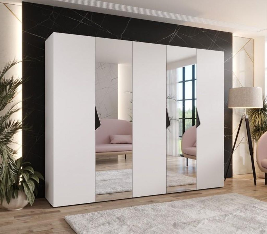 Breiter Kleiderschrank 250 cm AMARIS 2 mit Spiegel - weiß / schwarze Griffe