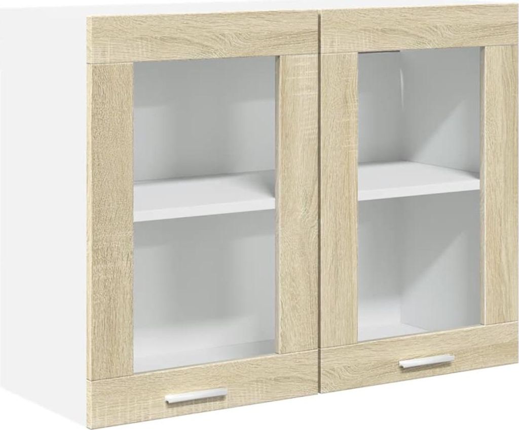 A white cabinet with two glass doors and wood-effect frames.