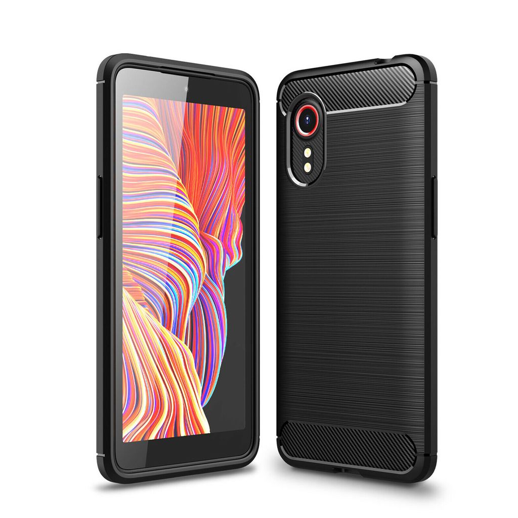 A black phone case is shown next to a smartphone with a colorful wallpaper.