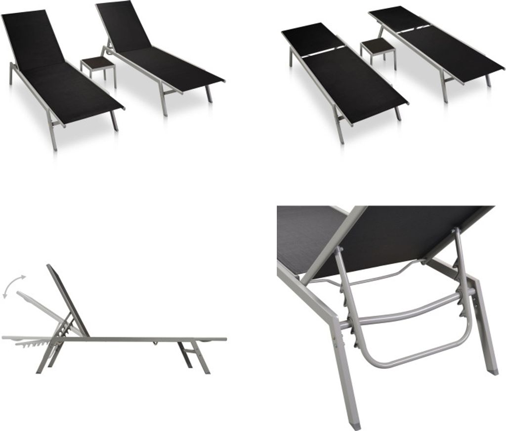 vidaXL Sonnenliegen 2 Stk. mit Tisch Stahl und Textilene Schwarz - Sonnenliege - Sonnenliegen - Liegestuhl - Liegestühle