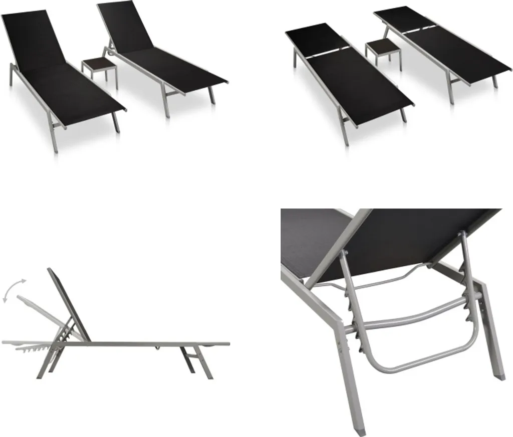 Bain de soleil en acier et textilène noir avec table basse de jardin