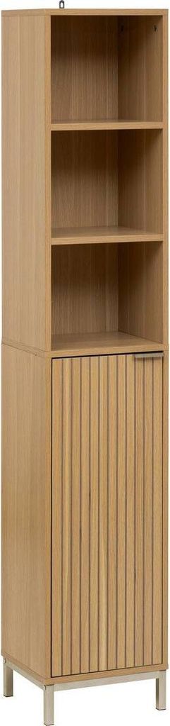 A tall, narrow wooden cabinet with three open shelves on top and a fluted door below, standing on metal legs.