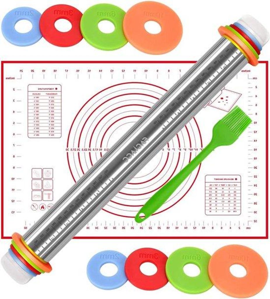 Stabiler Edelstahl-Teigroller 43cm mit Silikon-Mat für Backen