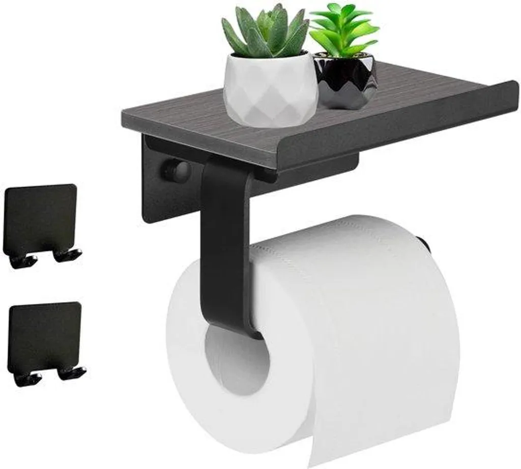 Porte-rouleau WC noir avec pose-téléphone en bois pour éviter les chutes
