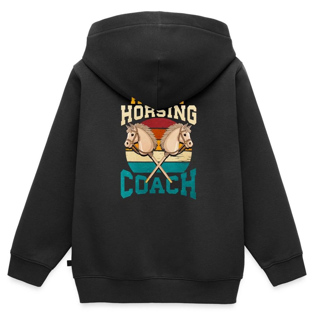 Spreadshirt Hobby Horsing Coach | Steckenpferd Trainer Kinder/Teenager Premium Bio Zip Hoodie, 158/164 (12 Jahre), Schwarz