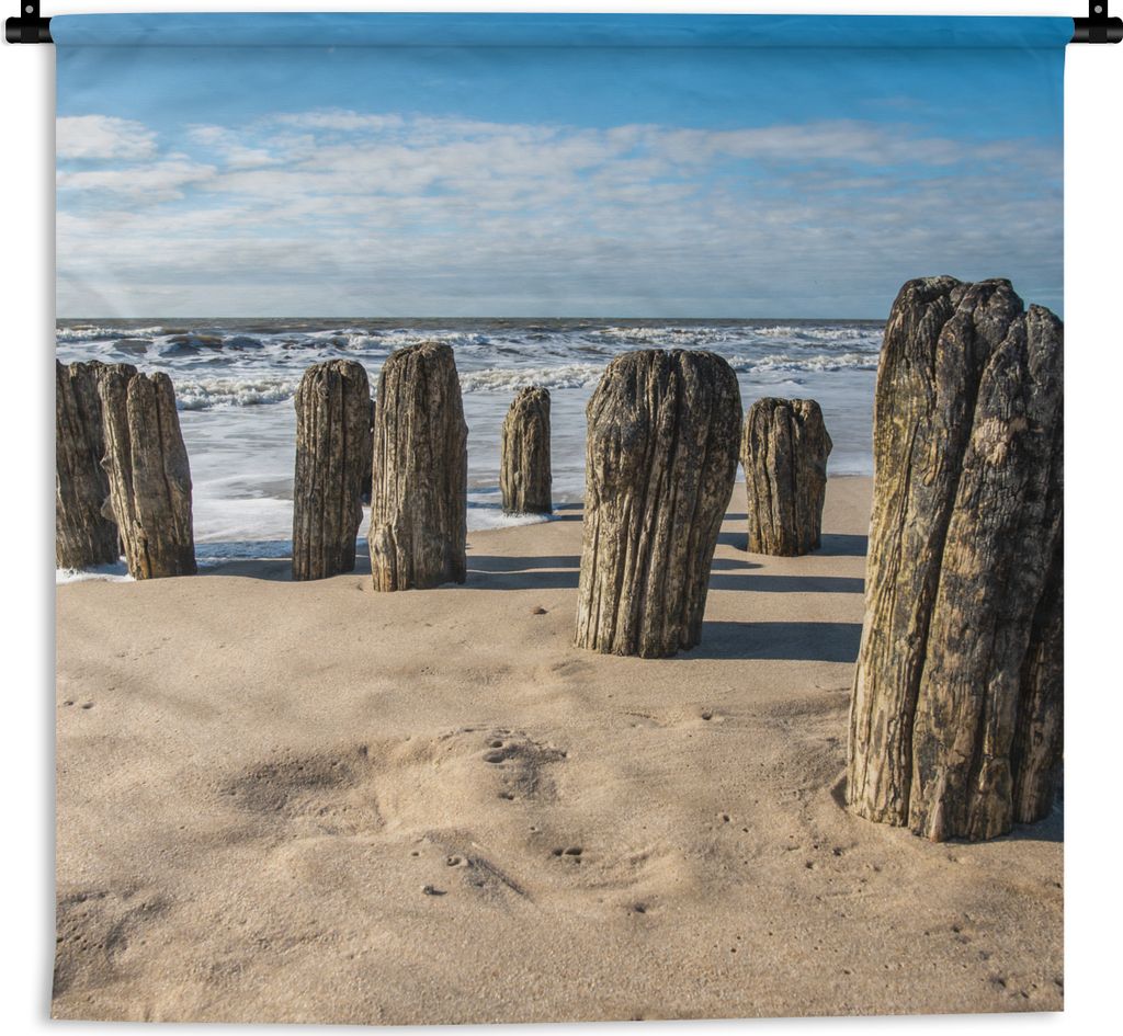 MuchoWow Wandteppich Wandbehang Sand - Strand - Pfahl - Wasser - Sommer 150x150 cm Tapisserie Dekoration Wandtuch - Wohnaccessoires - Modernes