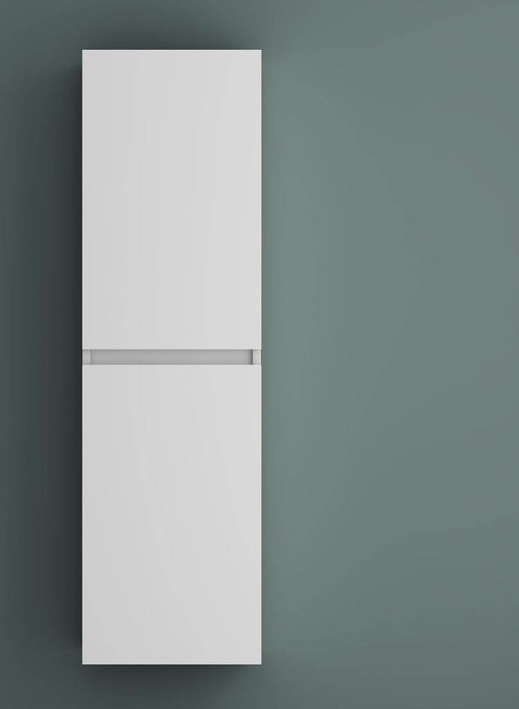 A tall, narrow, white cabinet with a horizontal gray line dividing it into two sections, mounted on a dark gray wall.