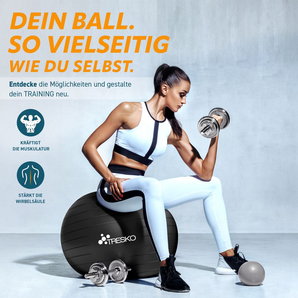 TRESKO Gymnastikball (Schwarz,65cm) mit Pumpe Fitnessball Produktbild 