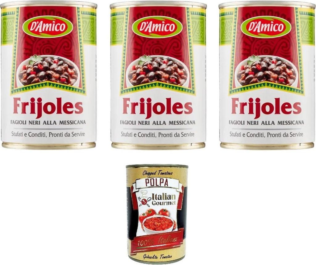 D'Amico Frijoles Fagioli Neri alla Messicana Schwarze Bohnen nach mexikanischer Art 3x400gr + Italian Gourmet polpa 400g