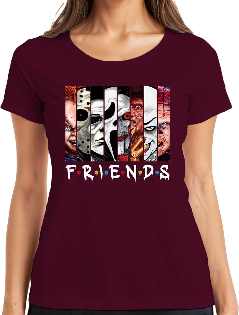 FRIENDS Horror Ikonen Jason Michael Pennywise Freddy Chucky Kult Damen T-Shirt, Burgundy, 3XL