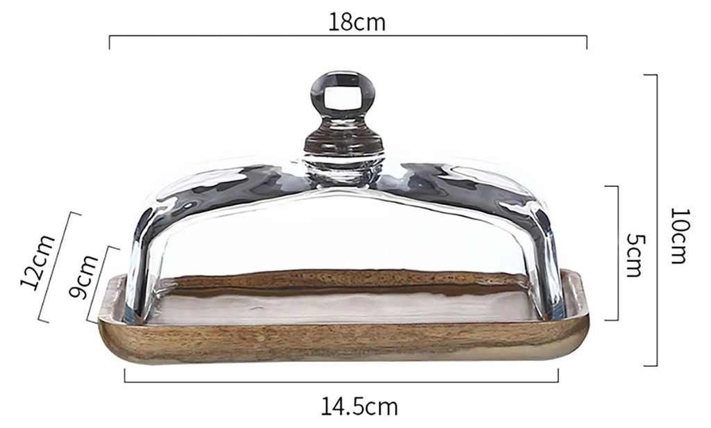 Butterdose - Rechteckige Holzplatte mit klarem Glasdeckel - Für Butter und Frischkäse - Servierplatte - Variante A