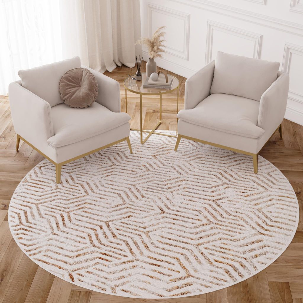 Tapiso Teppich CRYSTAL Rund Creme Beige Wohnzimmer Schlafzimmer 80 x 80 cm