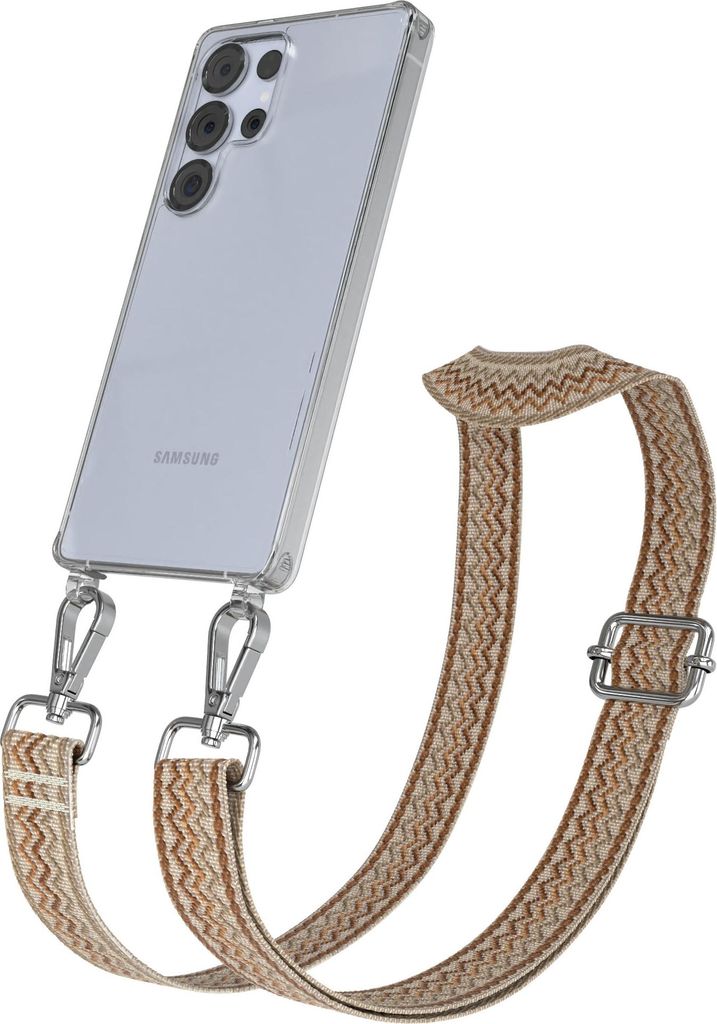 Samsung Galaxy S25 Ultra Chain Eyelets Slim Neck Strap Set Wave Style 07 Beige/Brown 02 Metall Silver