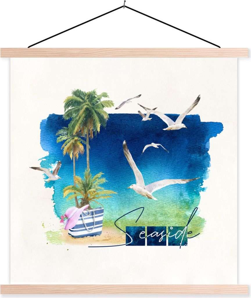 MuchoWow Textilposter Strand - Vogel - Palme - Briefe 60x60 cm mit holzfarbenen Rahmen - Wanddekoration