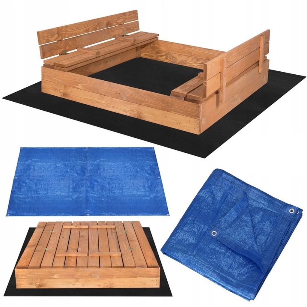 Sandkasten mit Deckel Sandbox Imprägniert 120x120 Sandkiste mit Sitzbänken Holz 