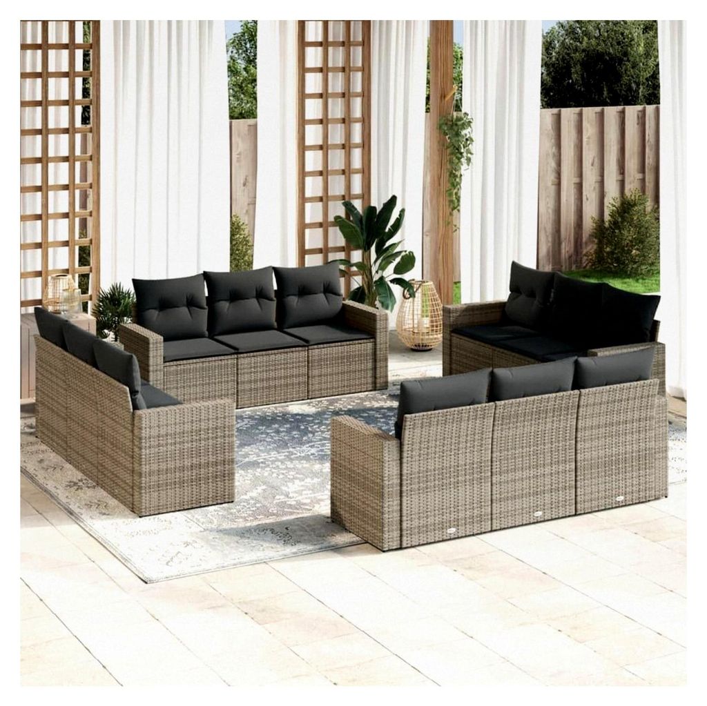 12-teiliges Garten-Sofagarnitur mit Kissen in Grau aus Poly Rattan