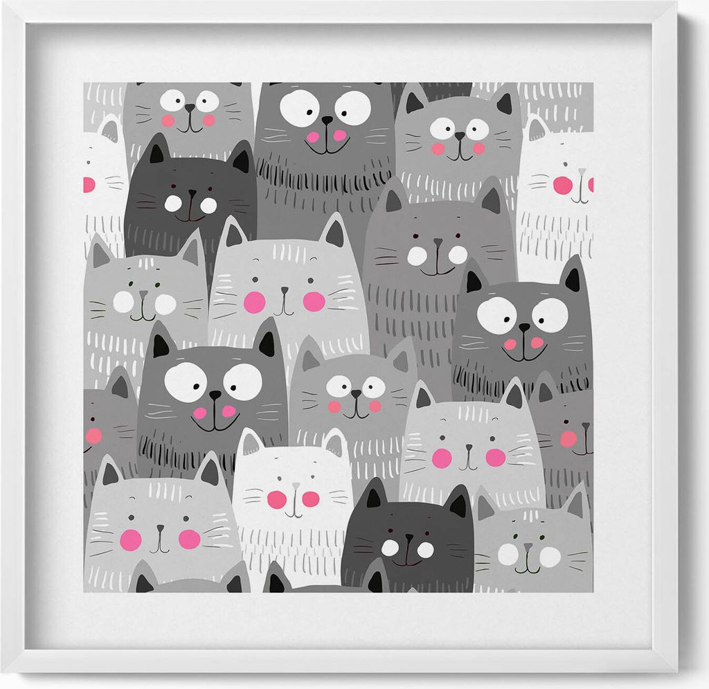 Muster mit Katzen– Wandbild mit Rahmen – Gerahmtes Bild – Wanddekoration – 50x50 cm – Weiß Rahmen