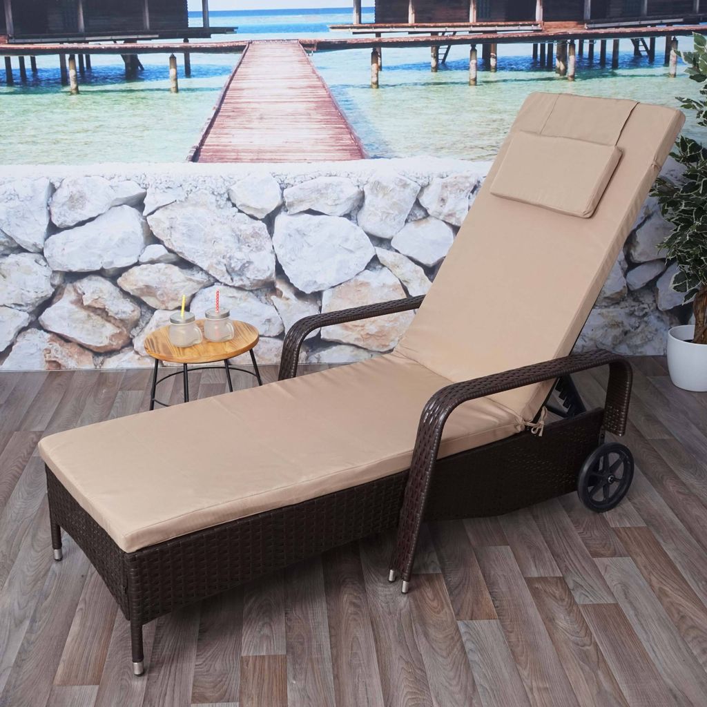 Poly-Rattan Sonnenliege Carrara, Relaxliege Gartenliege Liege, Alu - braun, Kissen beige