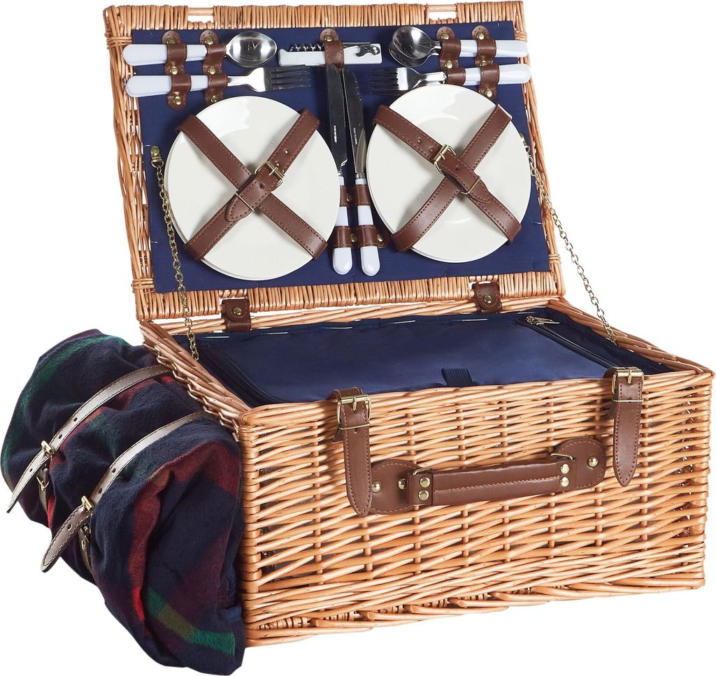BELIANI Picknickkorb für 4 Personen aus naturfarbenem und grauem Weidengeflecht mit Besteck, Tellern, Weingläsern und Kühltasche mit Korkenziehe...