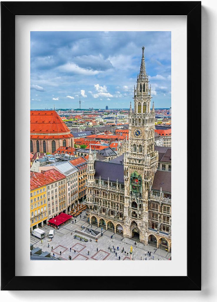 Rathaus Marienplatz in München– Wandbild mit Rahmen – Gerahmtes Bild – Wanddekoration – 20x30 cm – Schwarz