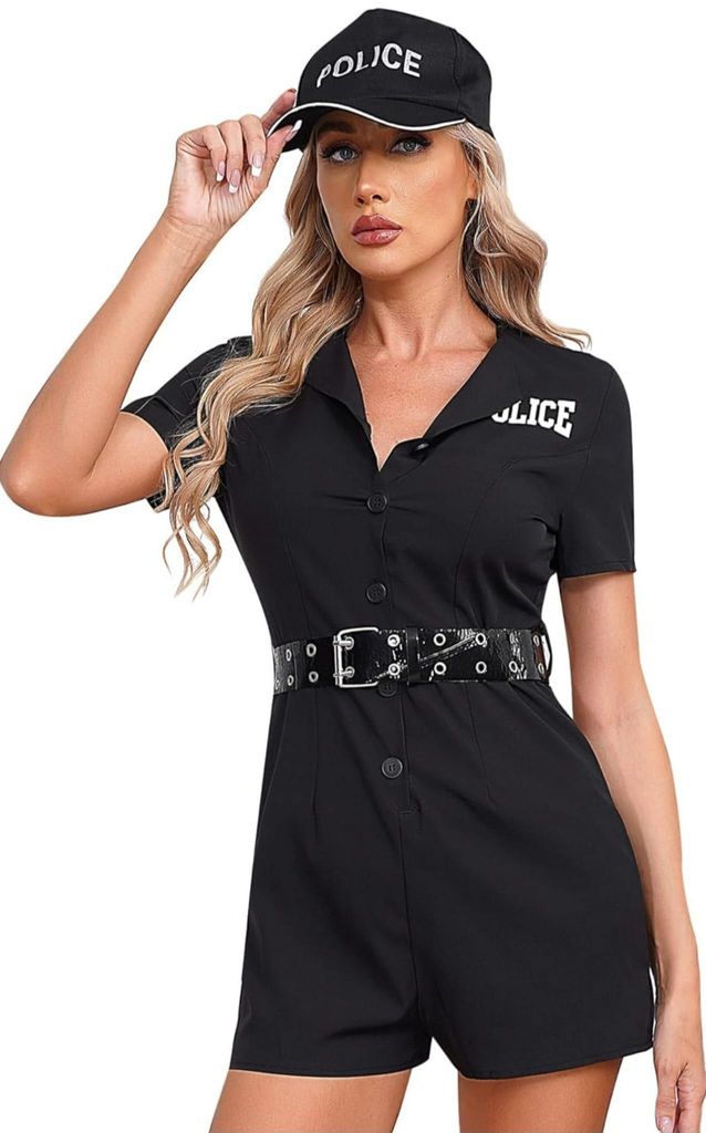 Damen Polizei Kostüm – Polizistin Uniform Einteiler Gr. XL Jumpsuit mit Hut & Gürtel – Schwarz –Party, Fasching, Karneval & Halloween Outfit