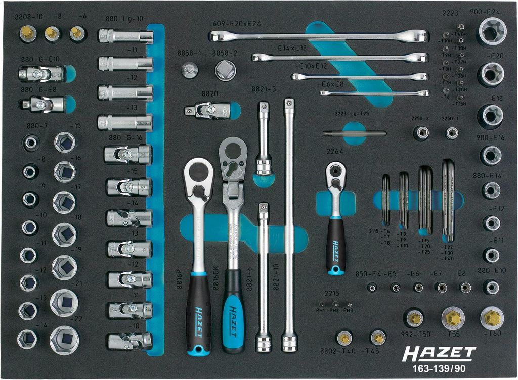Hazet Steckschlüssel Satz, Vierkant hohl 12,5 mm (1/2), Vierkant hohl 10 mm (3/8), Vierkant hohl 6,3 mm (1/4), Sechskant massiv 6,3 (1/4), Außen T