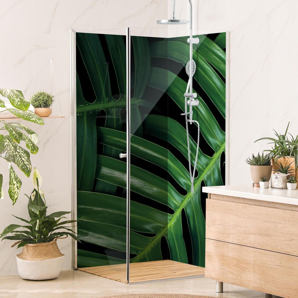 Duschrückwand mit Motiv selbstklebend - 0.35 mm Wandpaneel wasserfest Pflanzen grün Tropisch Badrückwand fugenlos Smart matt 110x210 cm