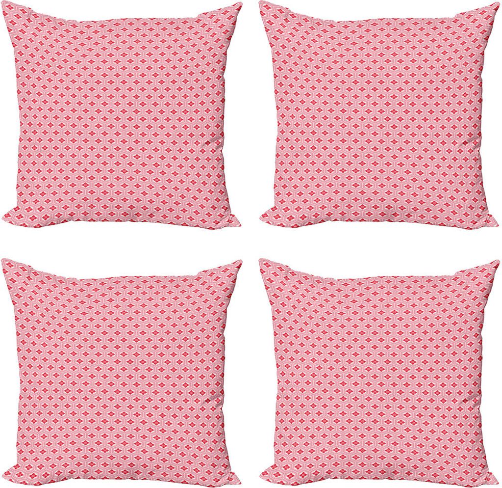 ABAKUHAUS Rose Kissenbezug Set (4 Stück), Japanische Blumen Rhombus, Moderner Doppelseitiger Digitaldruck, 60 cm x 60 cm, Dunkler Coral Weiß