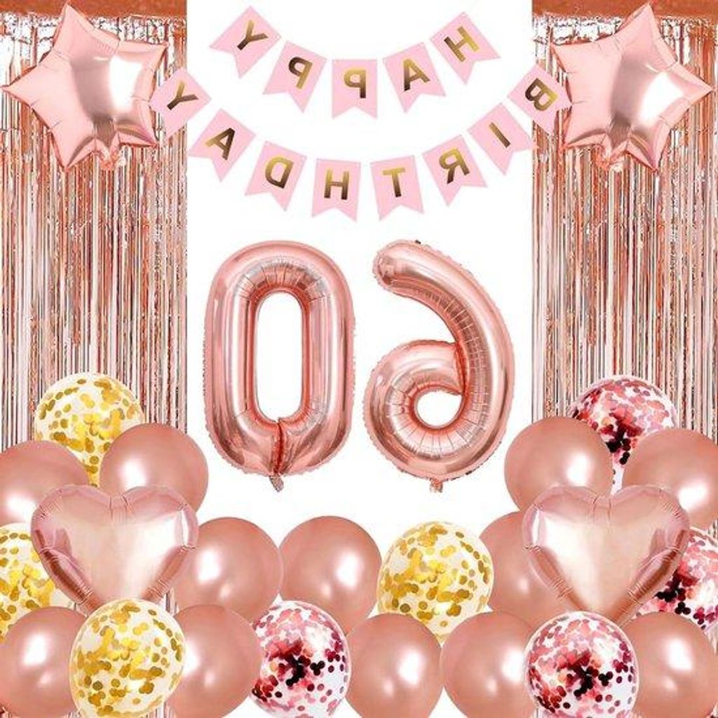 60-Jahre-Jubiläum-Festtagsfolie, Glückwunsch-Traumbanner mit 60 Luftballons, Weiblich-Frauenspezifische Feierdekoration-Set.