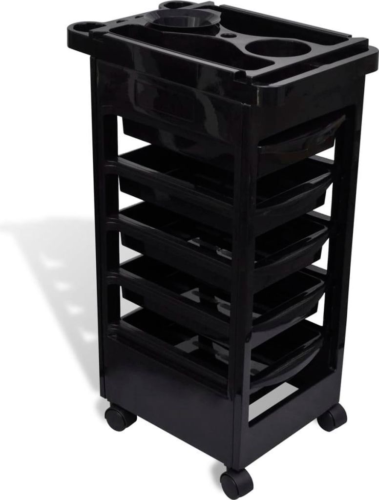 A black plastic salon trolley with multiple drawers and compartments on top, shown against a white background.