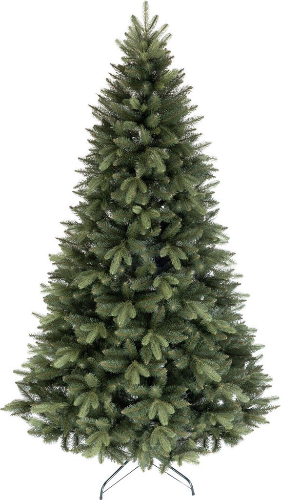 A full shot of an artificial Christmas tree on a white background.